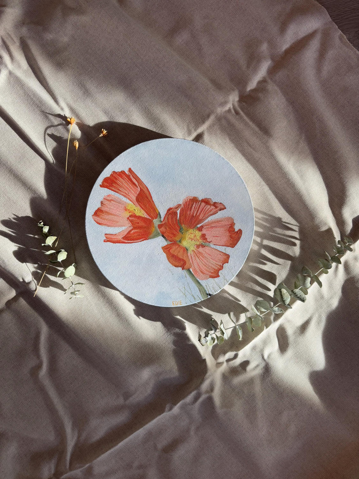 Original Orange Wildflowers Painting — Oil On Canvas (8" diameter circle)
