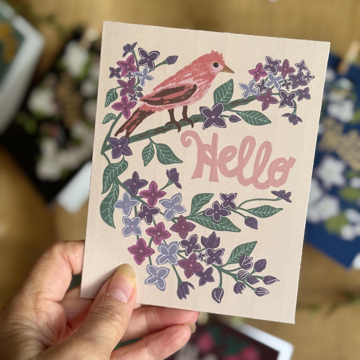 New Hampshire State Flower & Bird Greeting Card — Whimsical · Lilac & Purple Finch