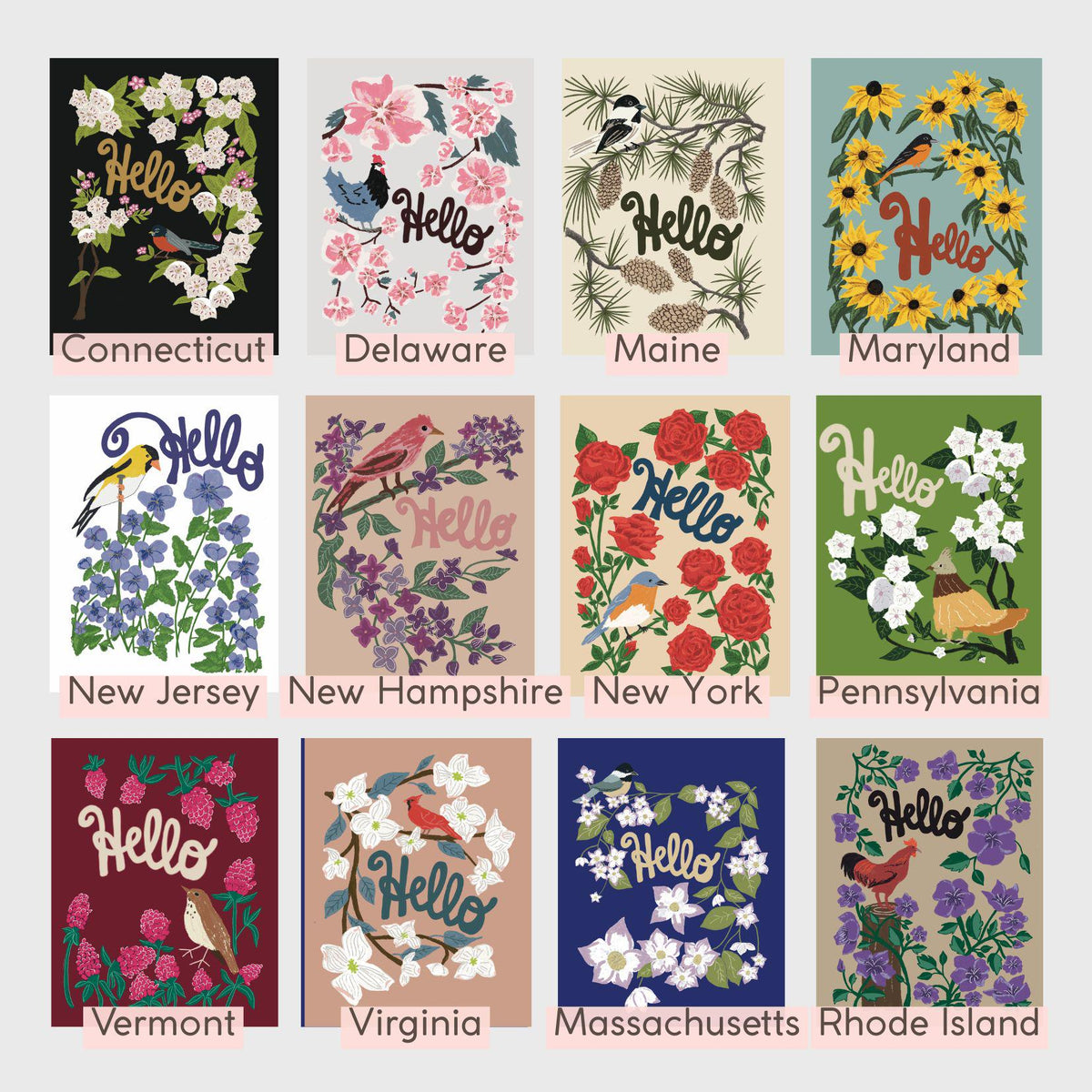Northeast States Flower & Bird Card Collection — 12-Card Set
