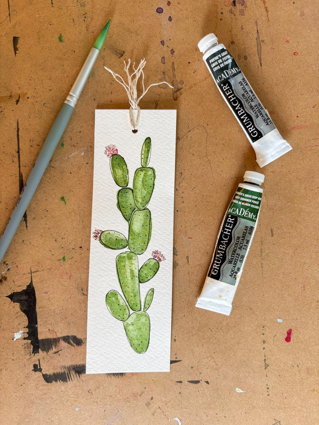 Hand-Painted Cactus Bloom Watercolor Bookmark with Tassel