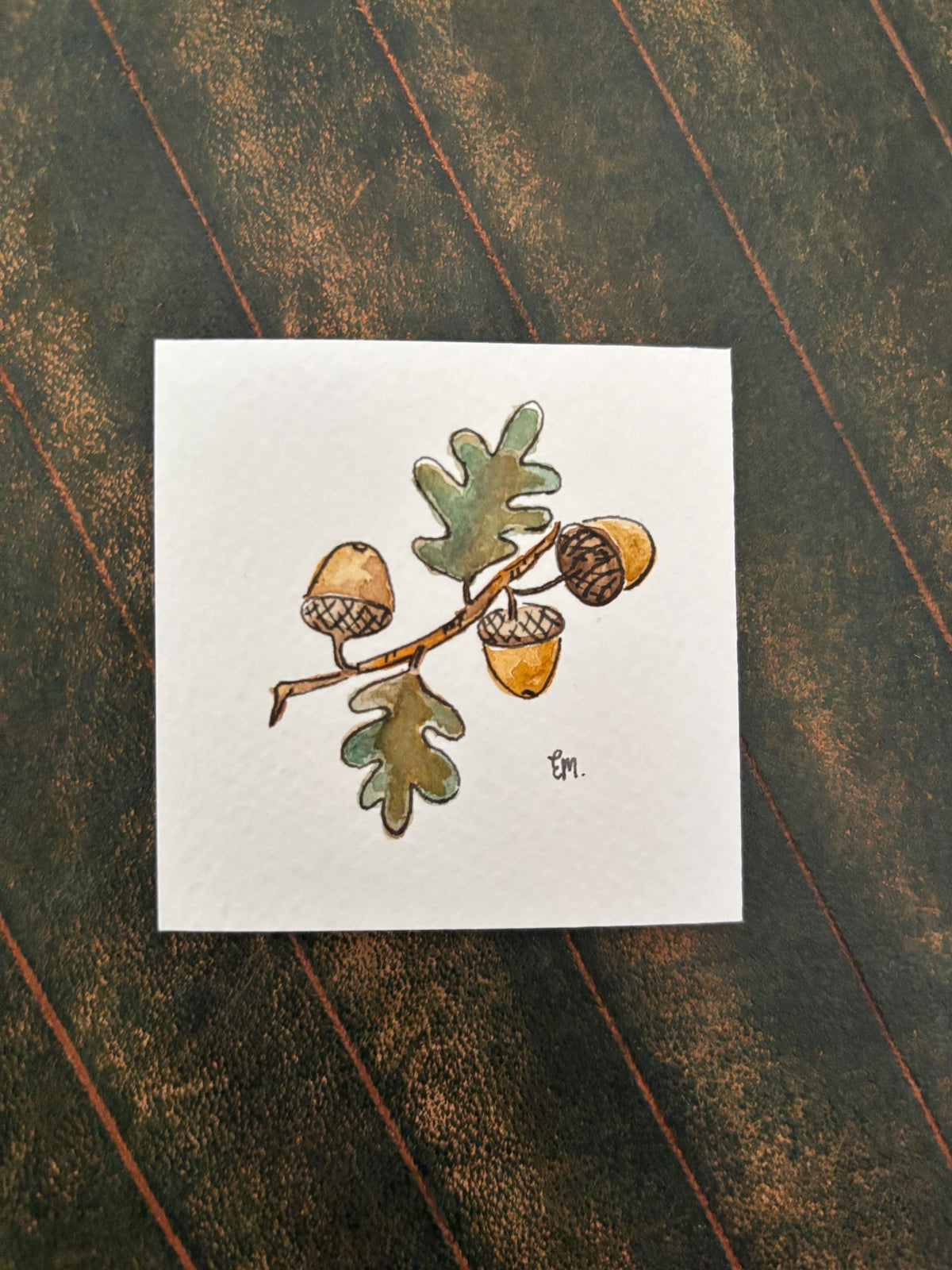 Miniature Watercolor Acorns & Maple Leaves Painting with Easel