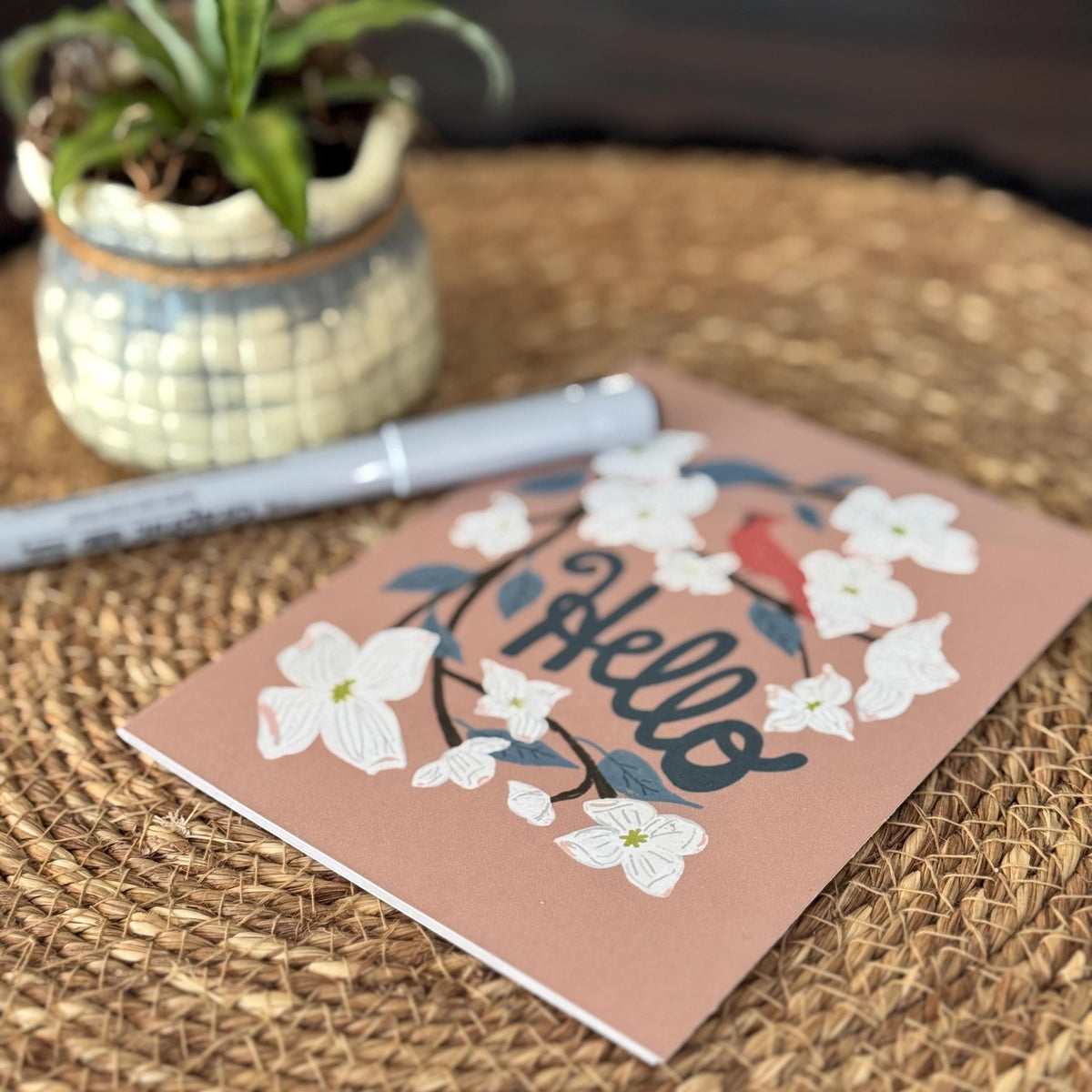 Virginia State Flower & Bird Greeting Card — Whimsical · Dogwood Blossom & Northern Cardinal