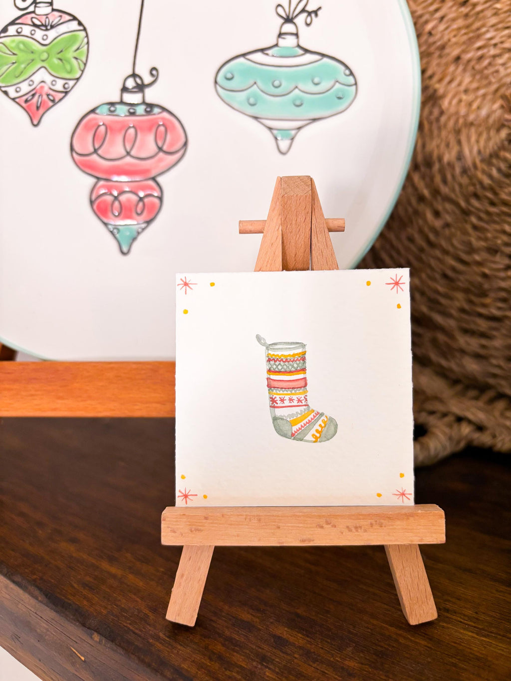 Miniature Watercolor Christmas Stocking Painting with Easel