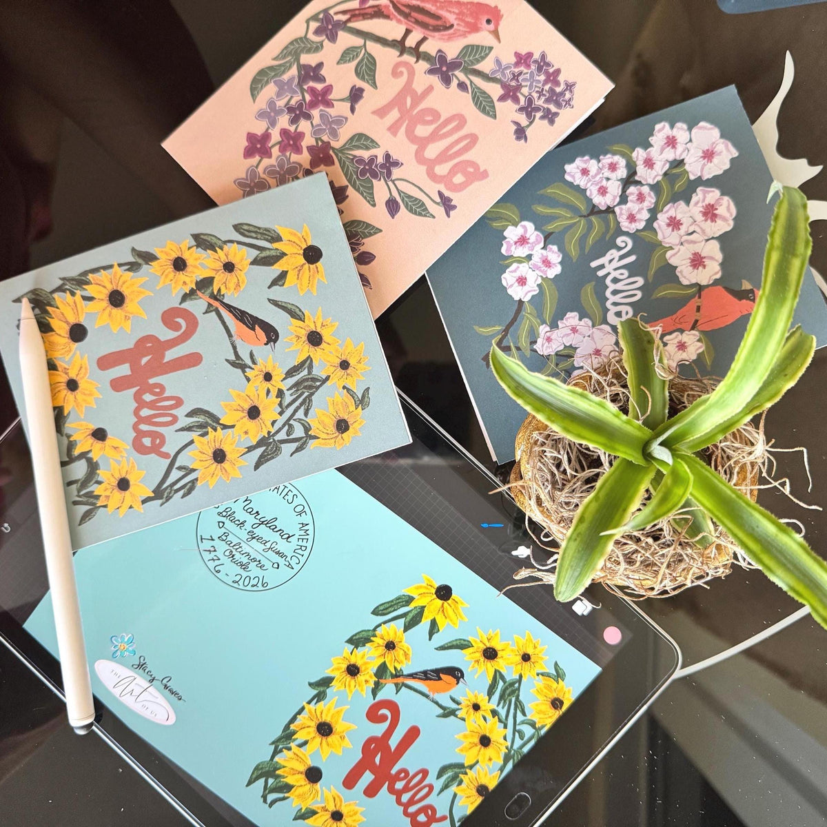 Maryland State Flower & Bird Greeting Card — Farmhouse Floral · Black-Eyed Susan & Baltimore Oriole