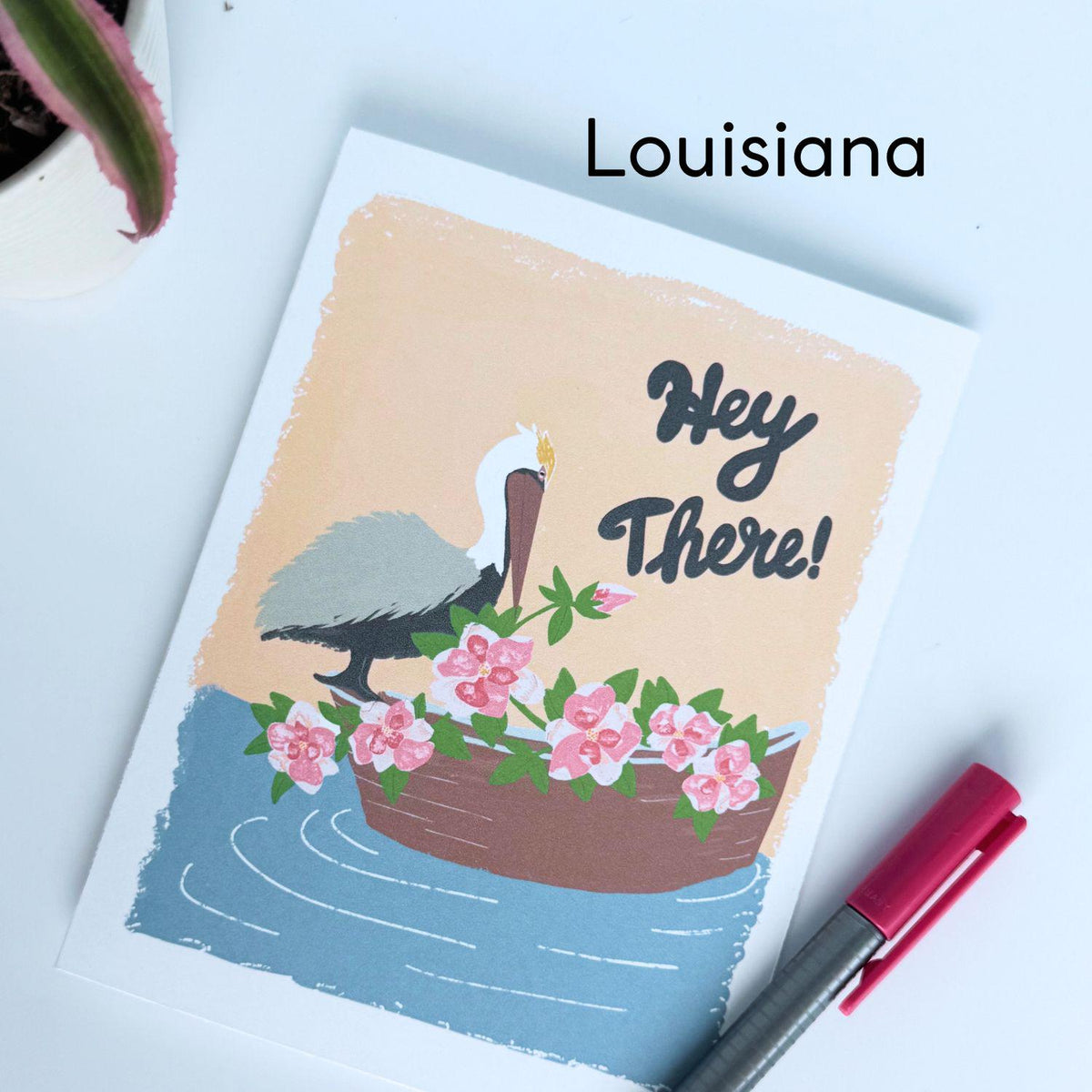 Louisiana State Flower & Bird Greeting Card — Seaside Cottage · Magnolia Blossom & Brown Pelican