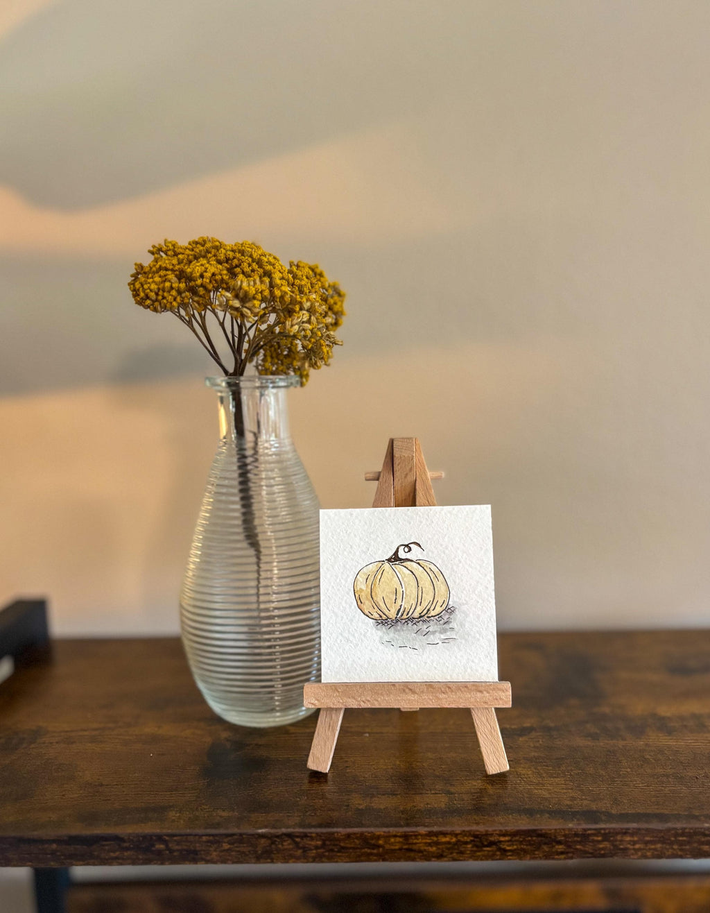 Miniature Watercolor Pumpkin Painting with Easel — Fall Decor