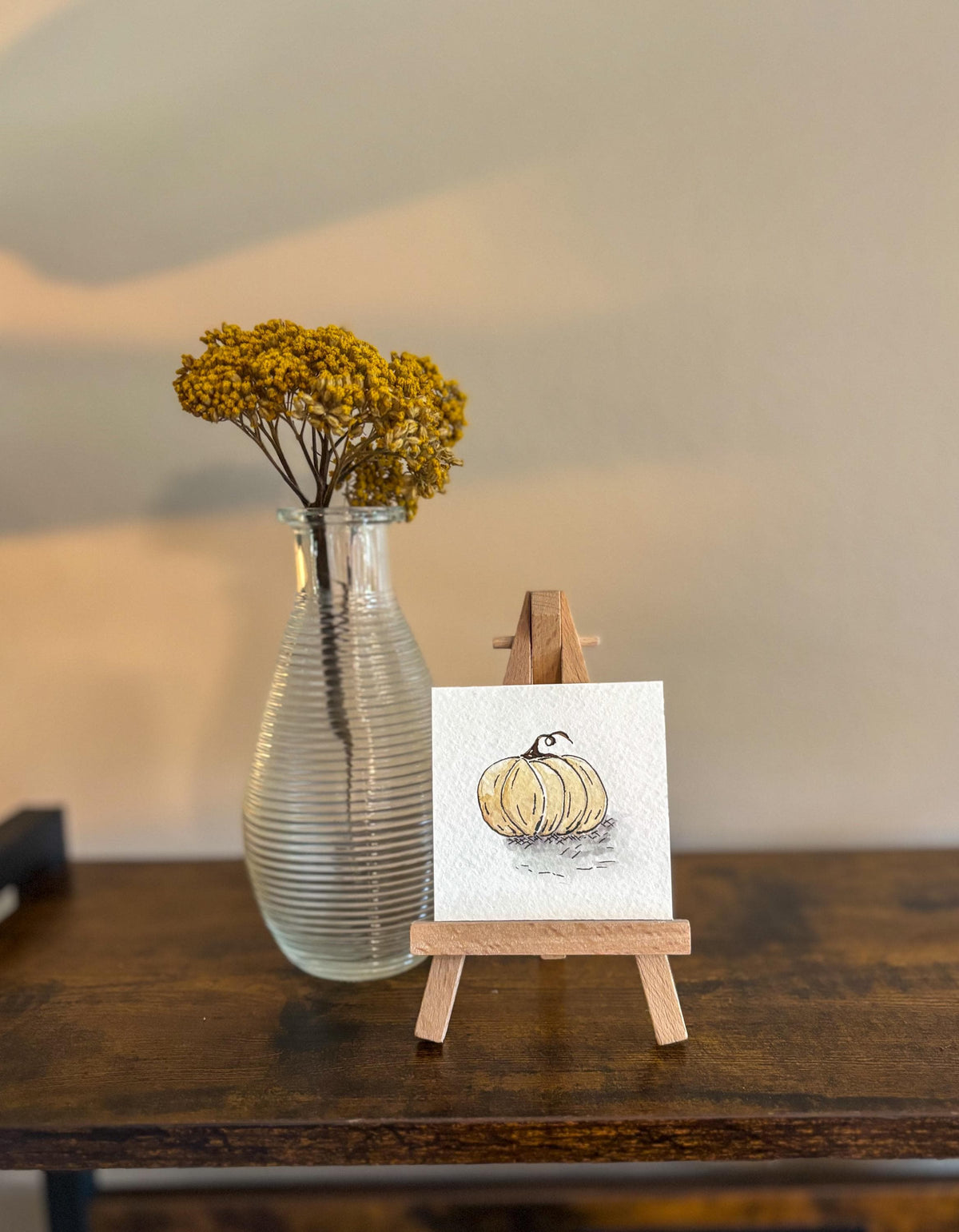 Miniature Watercolor Pumpkin Painting with Easel — Fall Decor