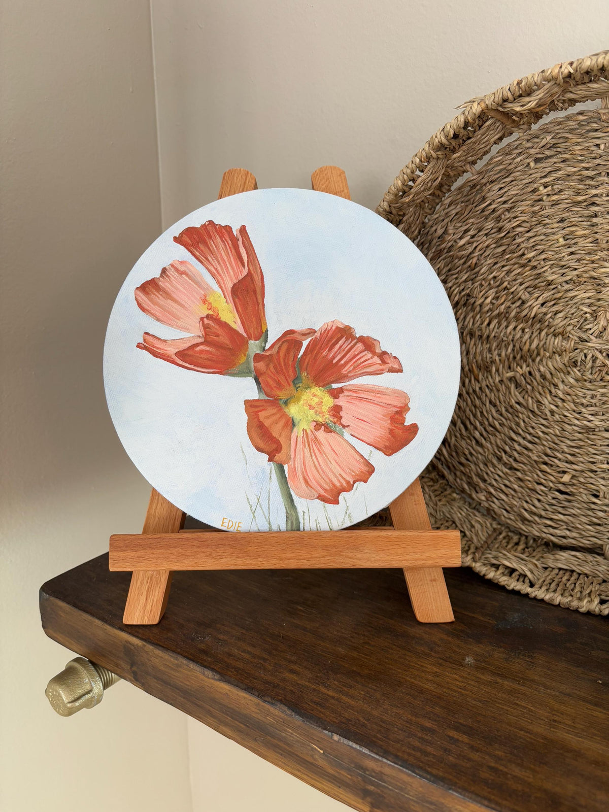 Original Orange Wildflowers Painting — Oil On Canvas (8" diameter circle)
