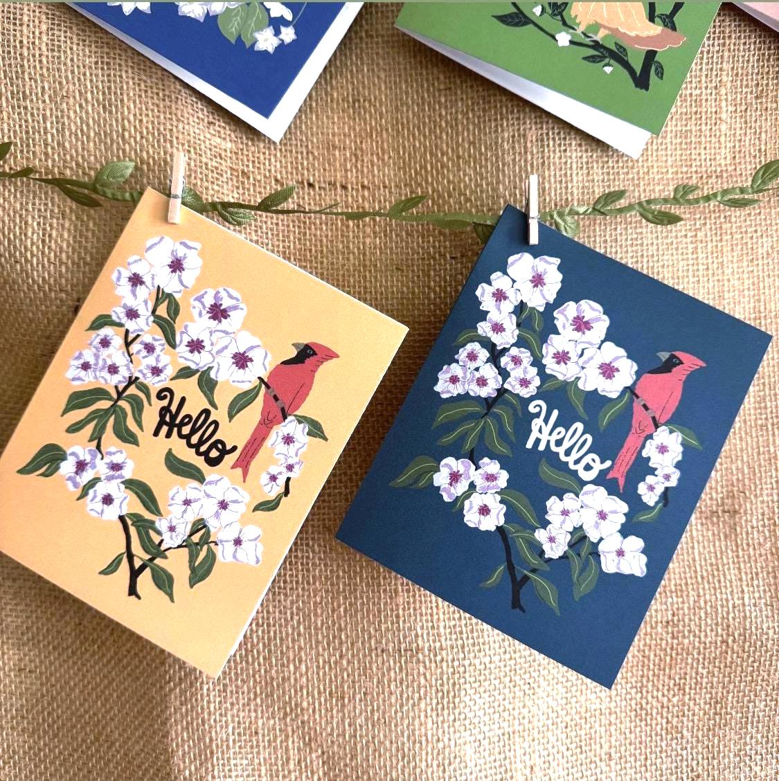 West Virginia State Flower & Bird Greeting Card — Cozy Cottage · Rhododendron & Northern Cardinal