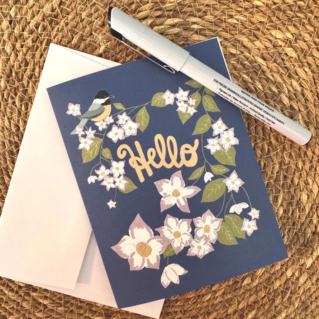 Massachusetts State Flower & Bird Greeting Card — Grandma Cottage · Mayflower & Black-Capped Chickadee