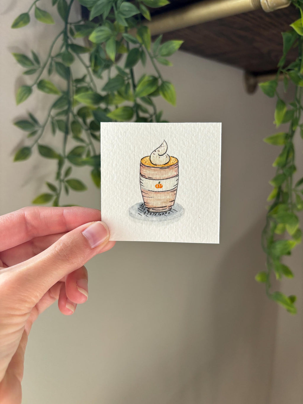 Miniature Watercolor Pumpkin Spice Latte Painting with Easel
