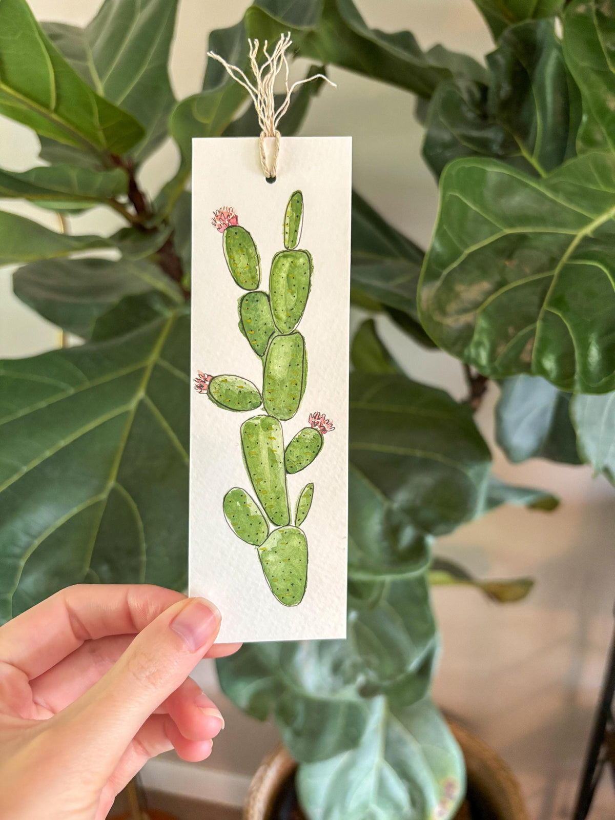 Hand-Painted Cactus Bloom Watercolor Bookmark with Tassel