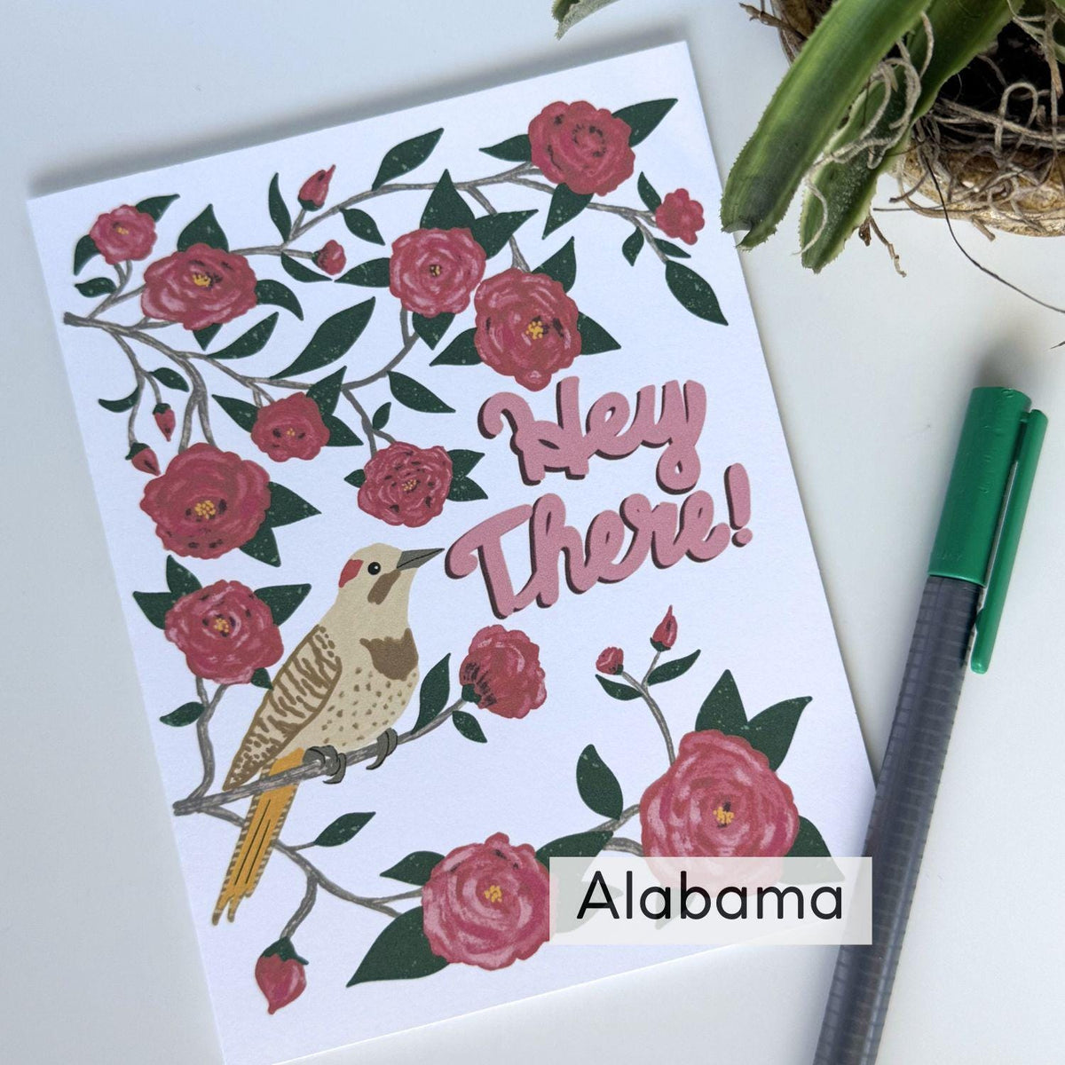 Alabama State Flower & Bird Greeting Card — Cozy Cottage · Camellia & Yellowhammer