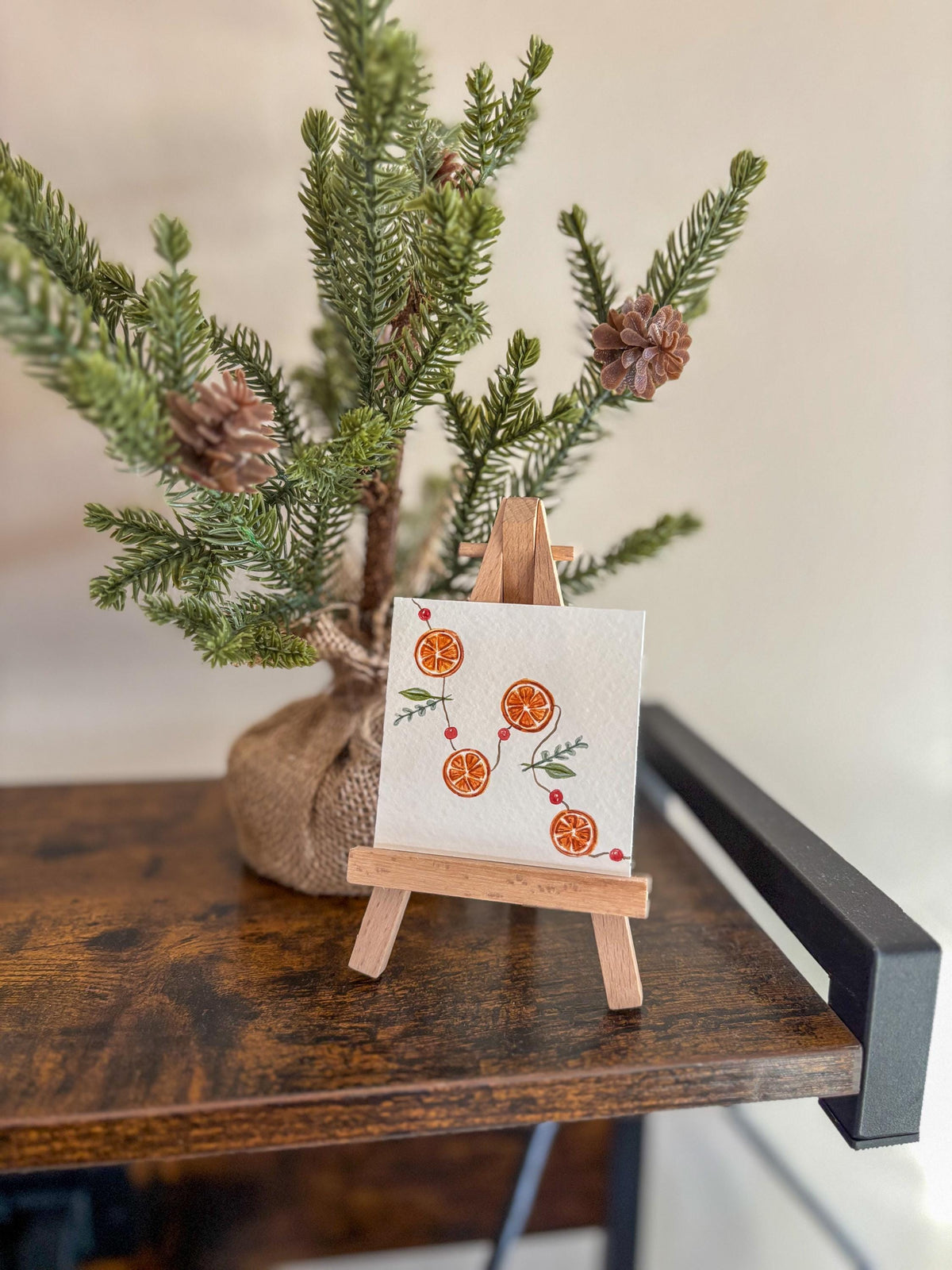 Miniature Watercolor Orange Garland Painting with Easel