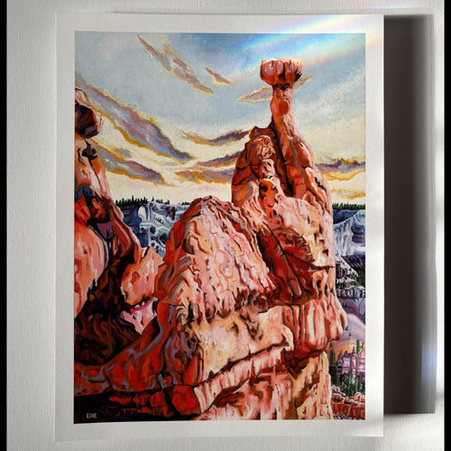 A vertical landscape art print depicting red rocks of Bryce Canyon.