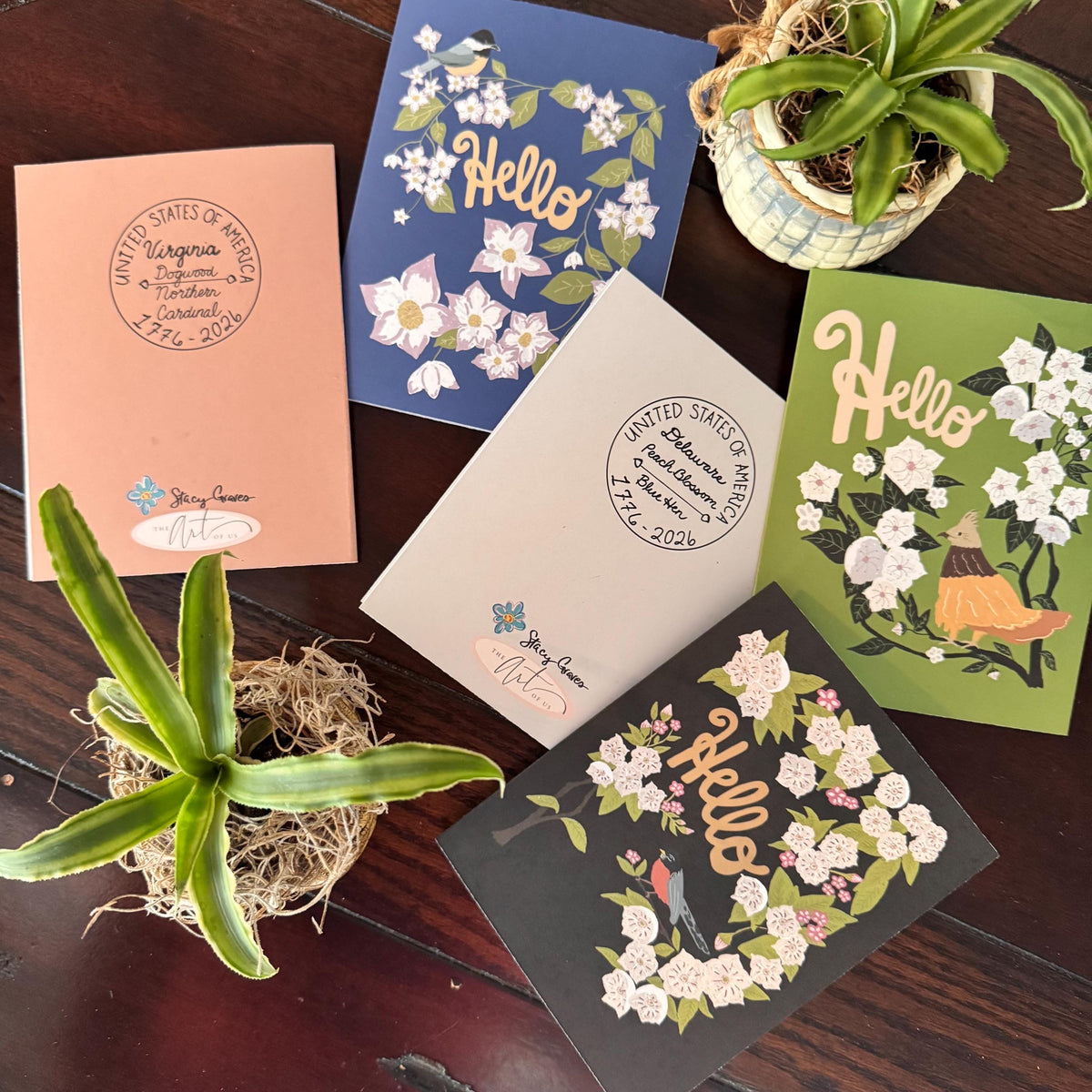 Virginia State Flower & Bird Greeting Card — Whimsical · Dogwood Blossom & Northern Cardinal