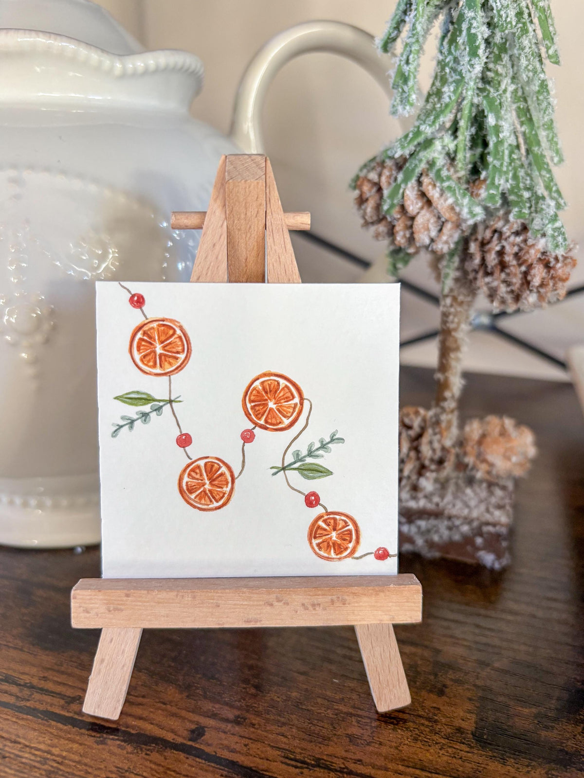 Miniature Watercolor Orange Garland Painting with Easel