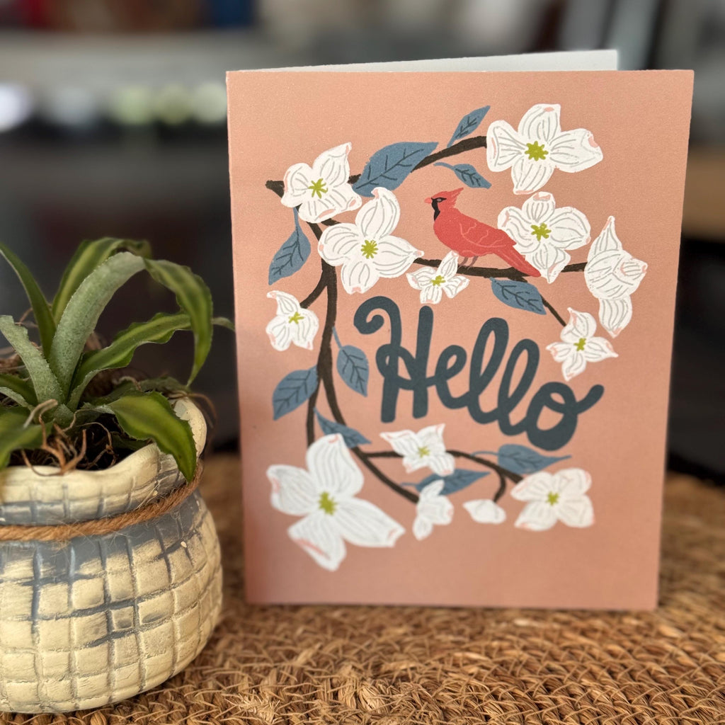 Virginia State Flower & Bird Greeting Card — Whimsical · Dogwood Blossom & Northern Cardinal