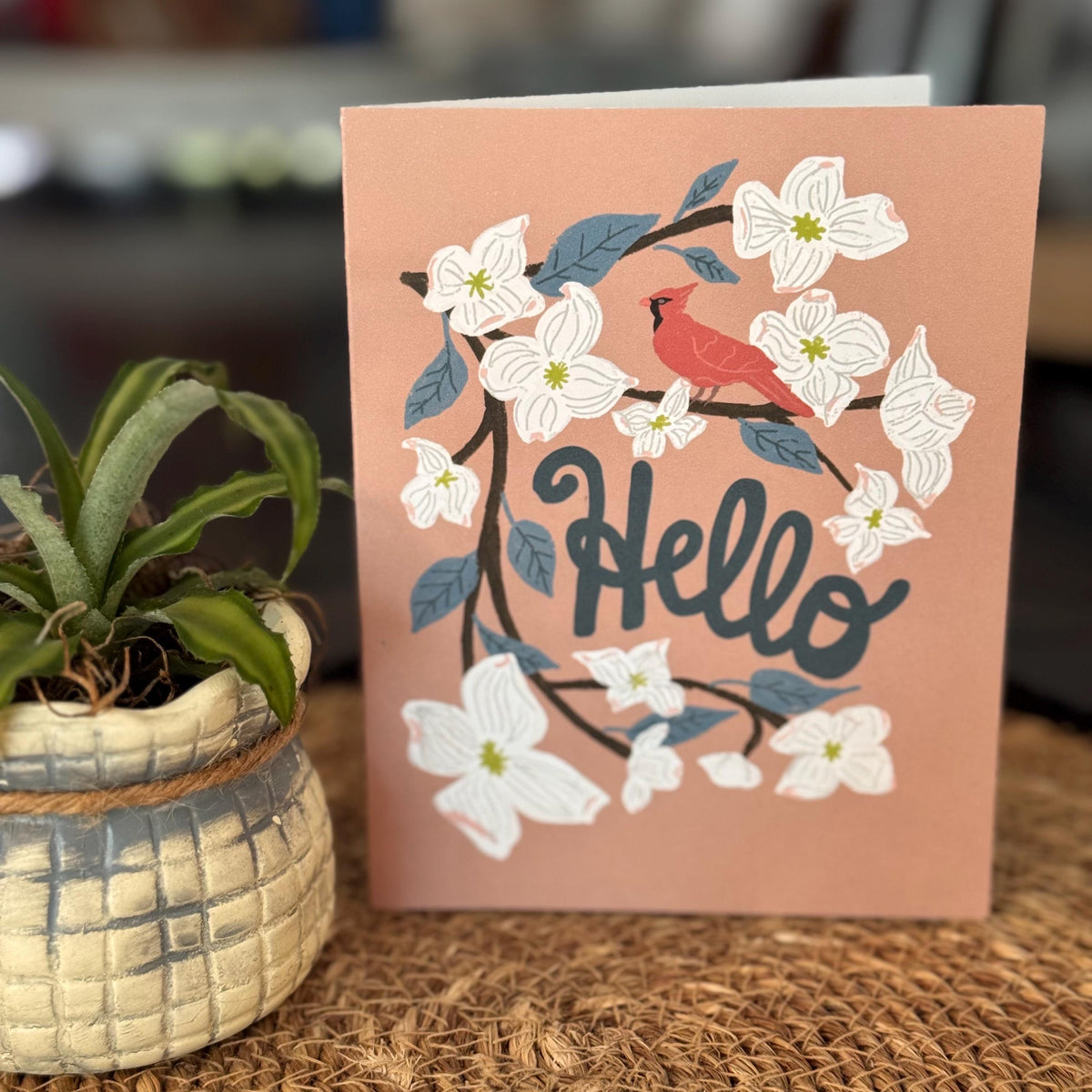 Virginia State Flower & Bird Greeting Card — Whimsical · Dogwood Blossom & Northern Cardinal