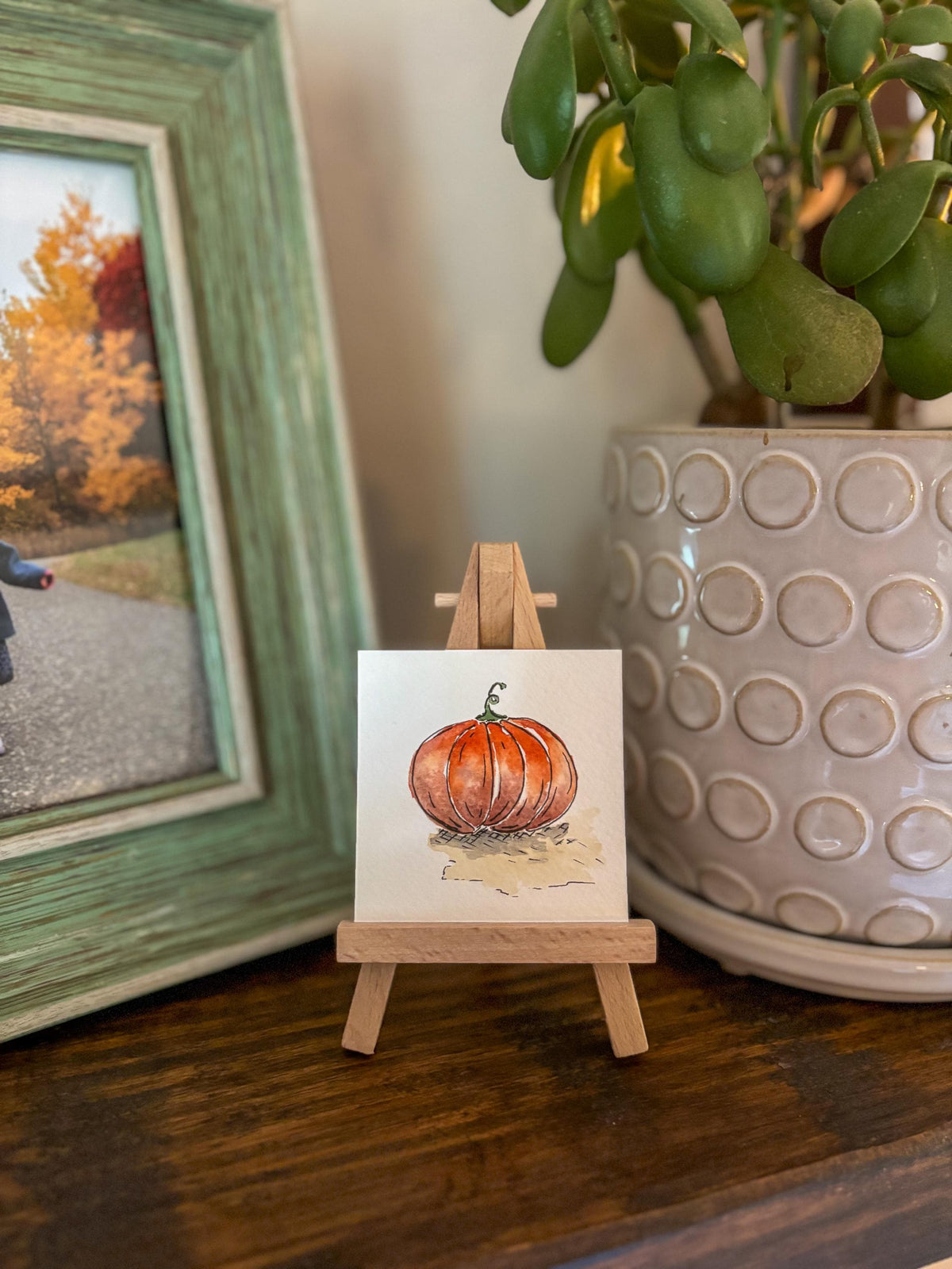 Miniature Watercolor Pumpkin Painting with Easel — Fall Decor