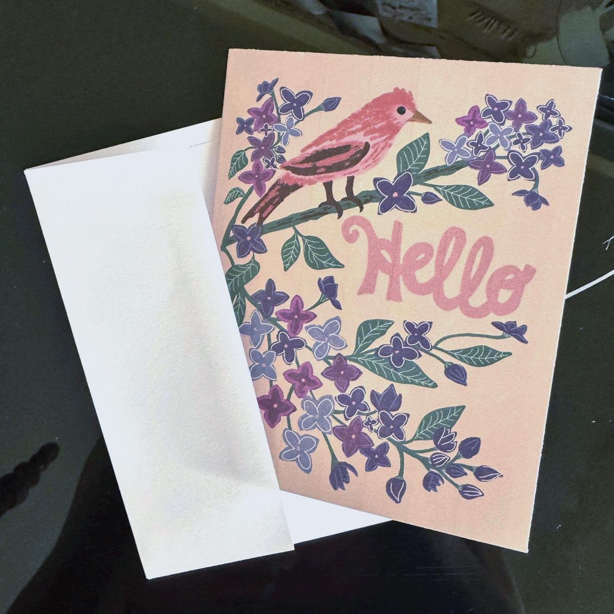 New Hampshire State Flower & Bird Greeting Card — Whimsical · Lilac & Purple Finch