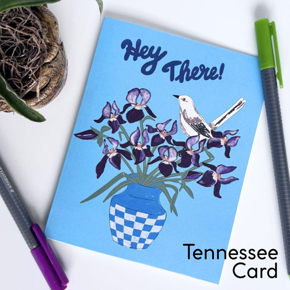 Tennessee State Flower & Bird Greeting Card — Folk Art · Iris & Mockingbird