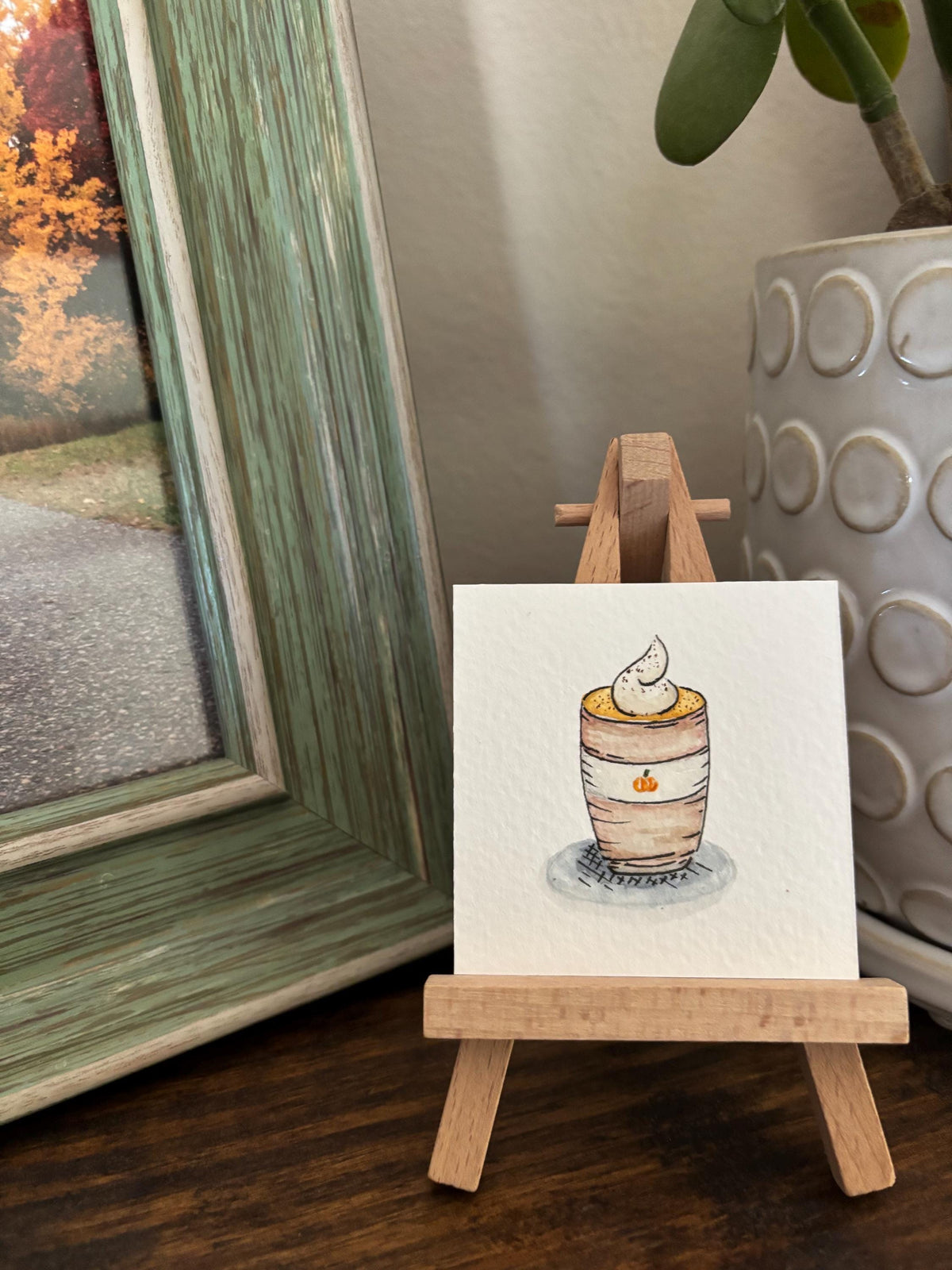 Miniature Watercolor Pumpkin Spice Latte Painting with Easel