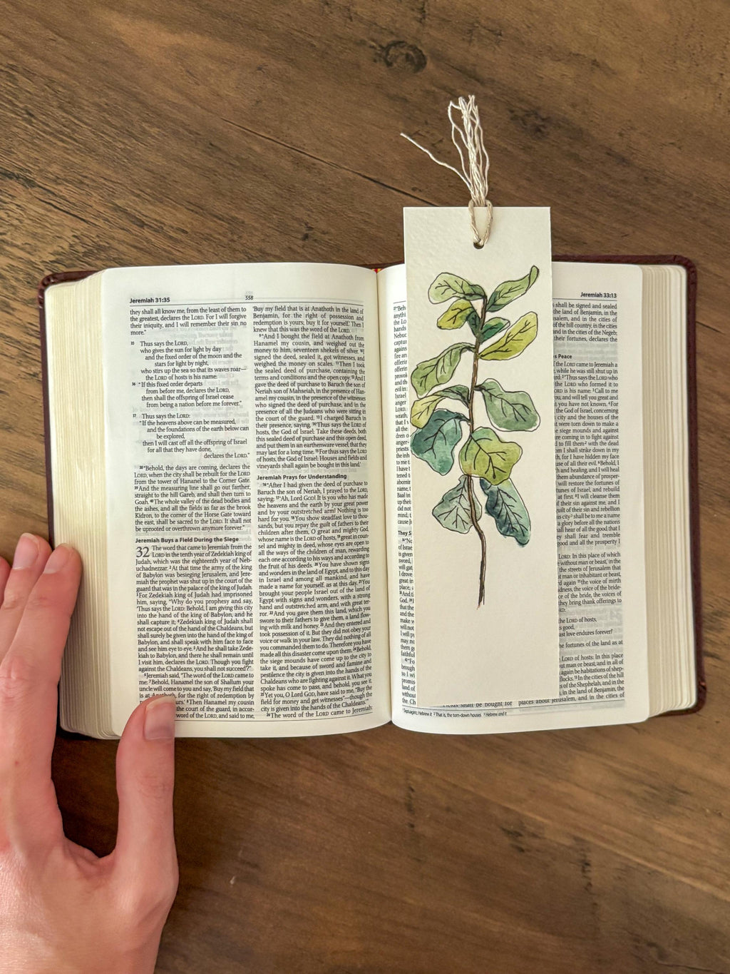 Hand-Painted Fiddle Leaf Watercolor Bookmark with Tassel