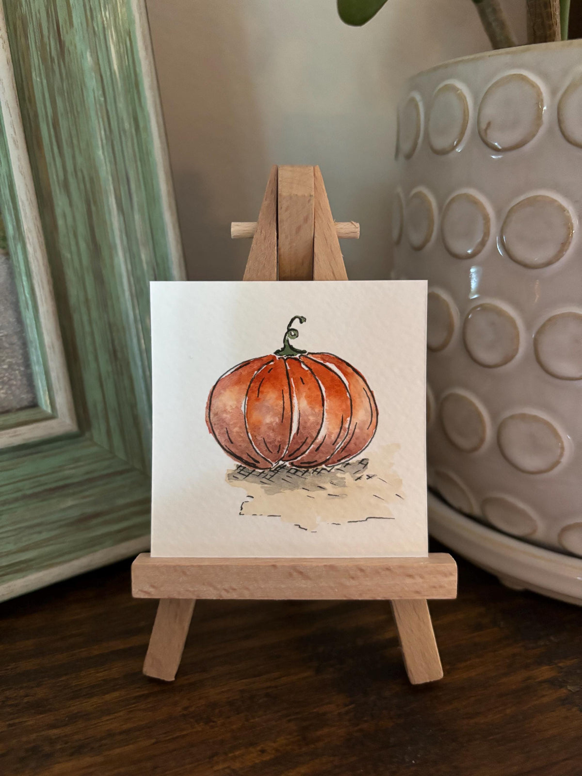 Miniature Watercolor Pumpkin Painting with Easel: Fall Decor