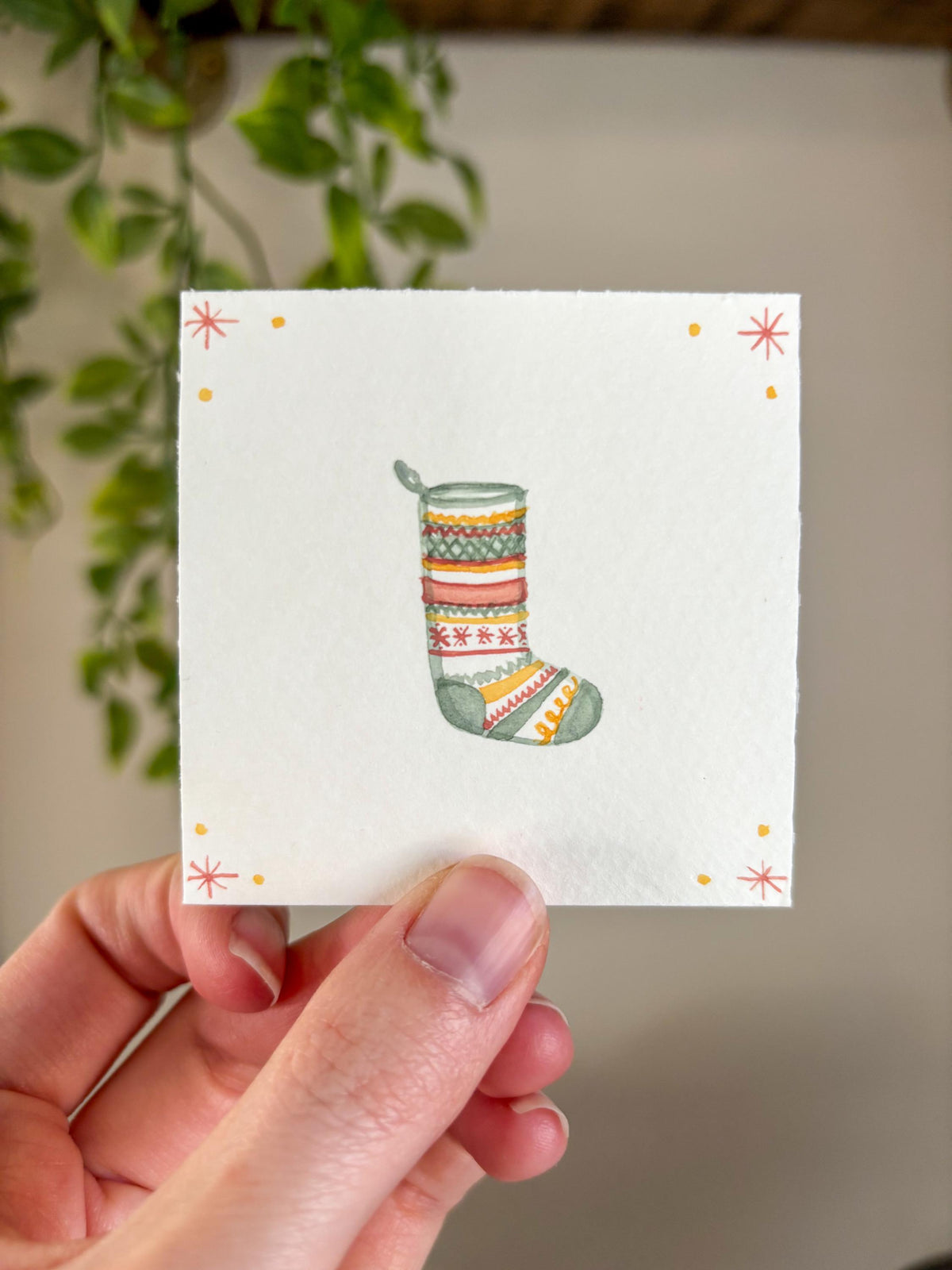 Miniature Watercolor Christmas Stocking Painting with Easel