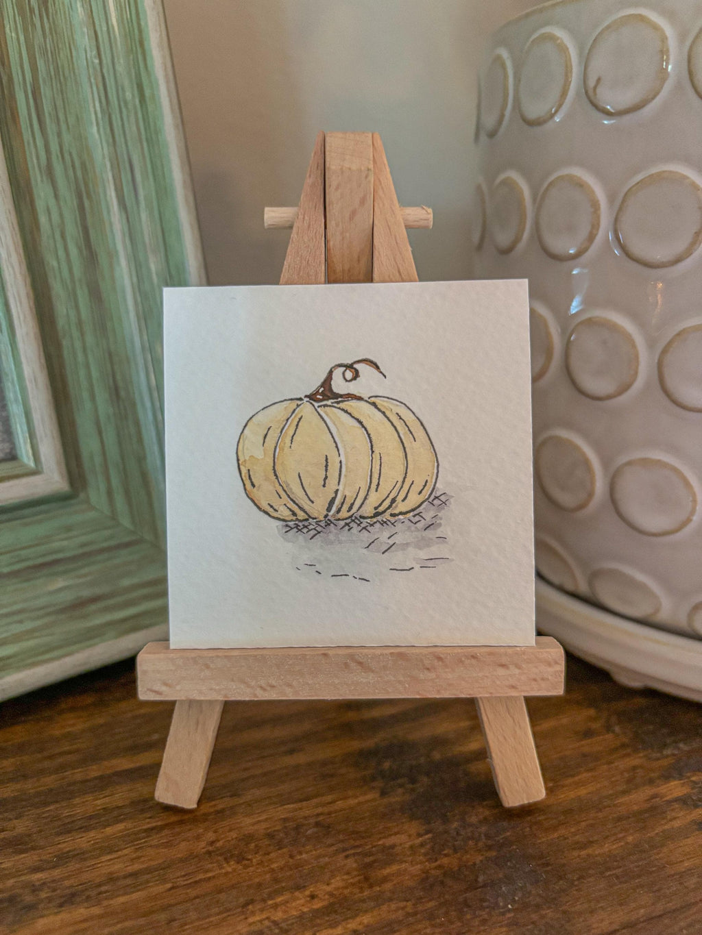 Miniature Watercolor Pumpkin Painting with Easel — Fall Decor