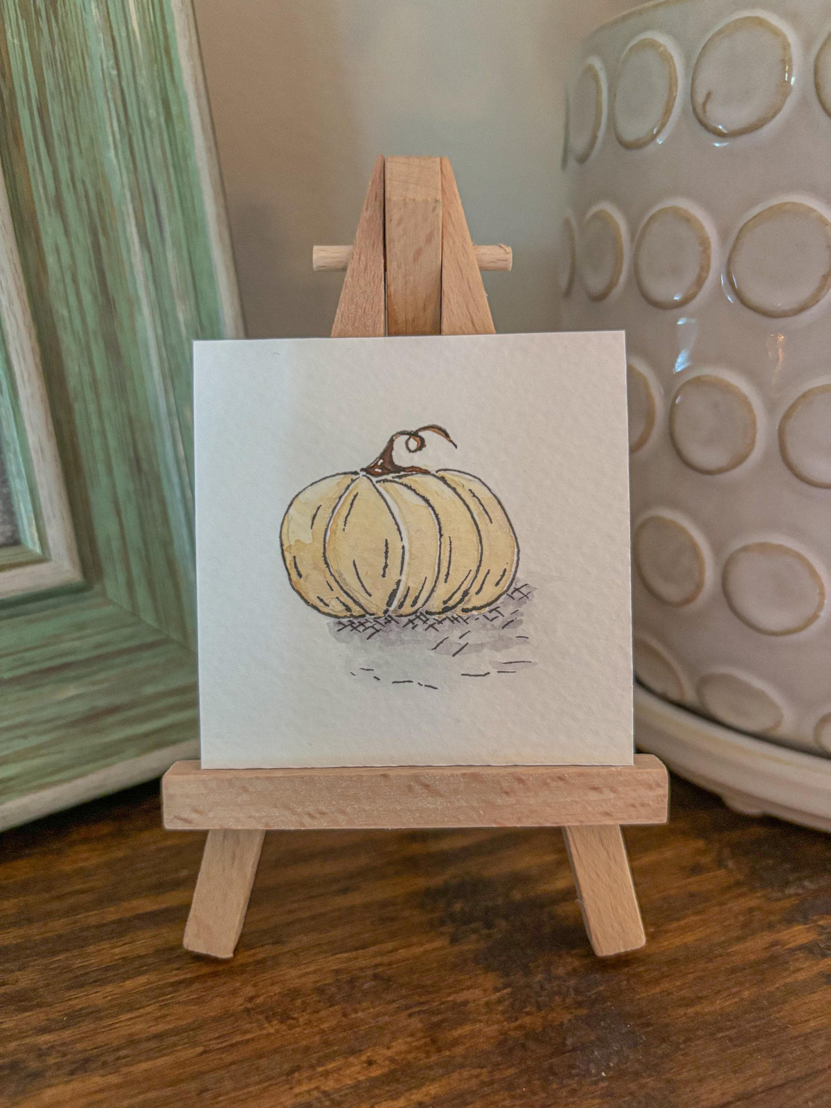Miniature Watercolor Pumpkin Painting with Easel: Fall Decor
